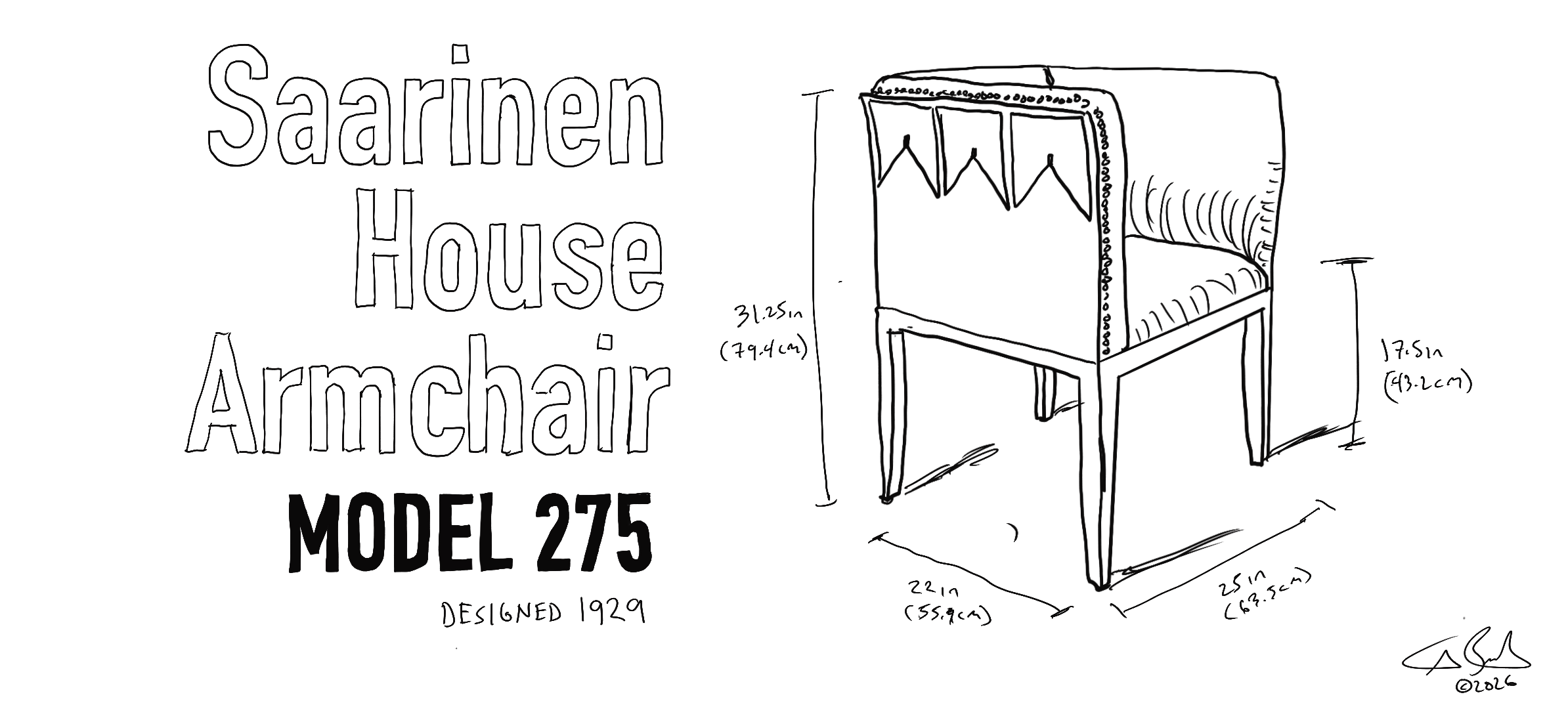 sketch of Eliel Saarinen chair Model 275