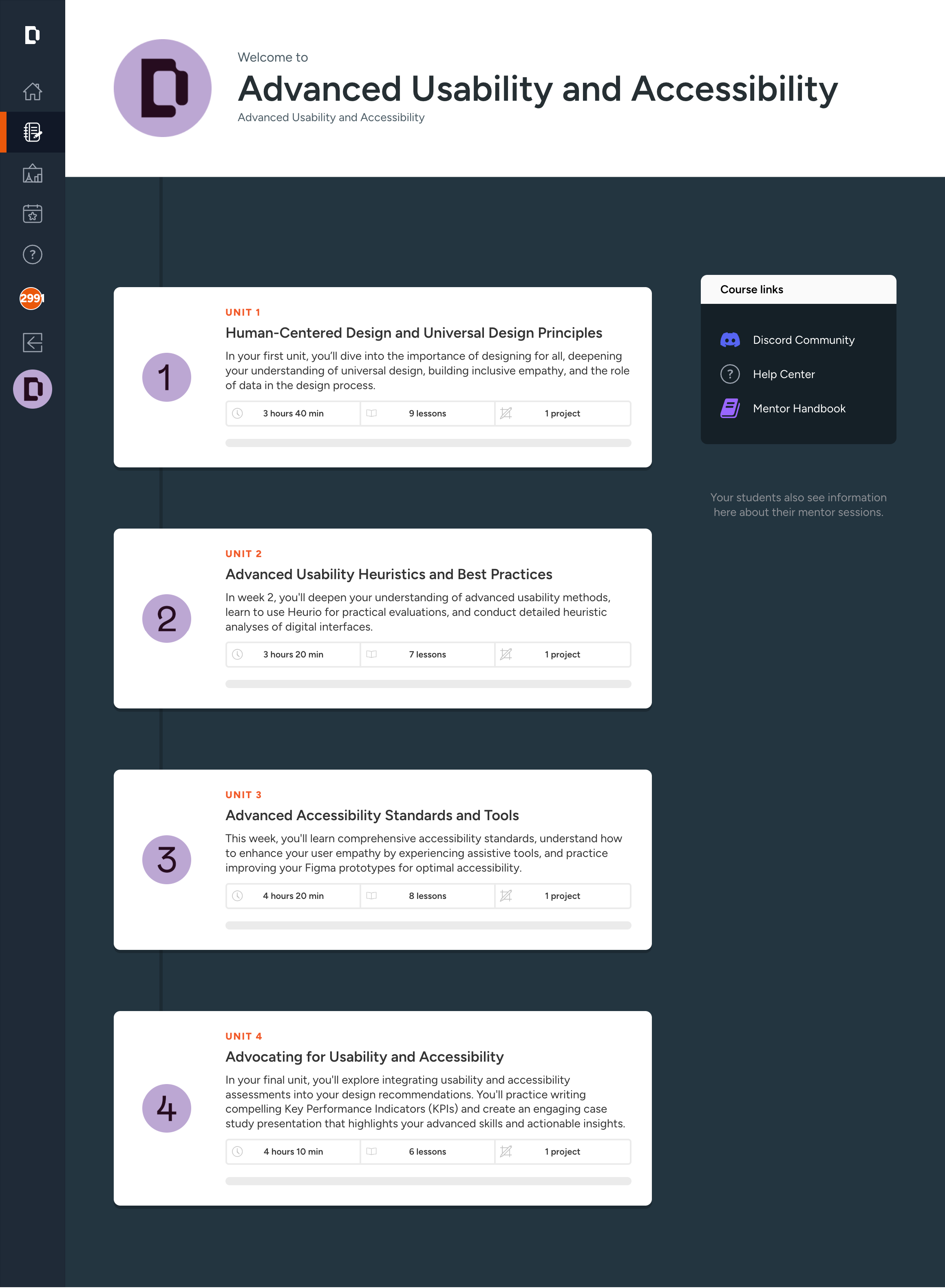 The four units of the course shown in the learning platform