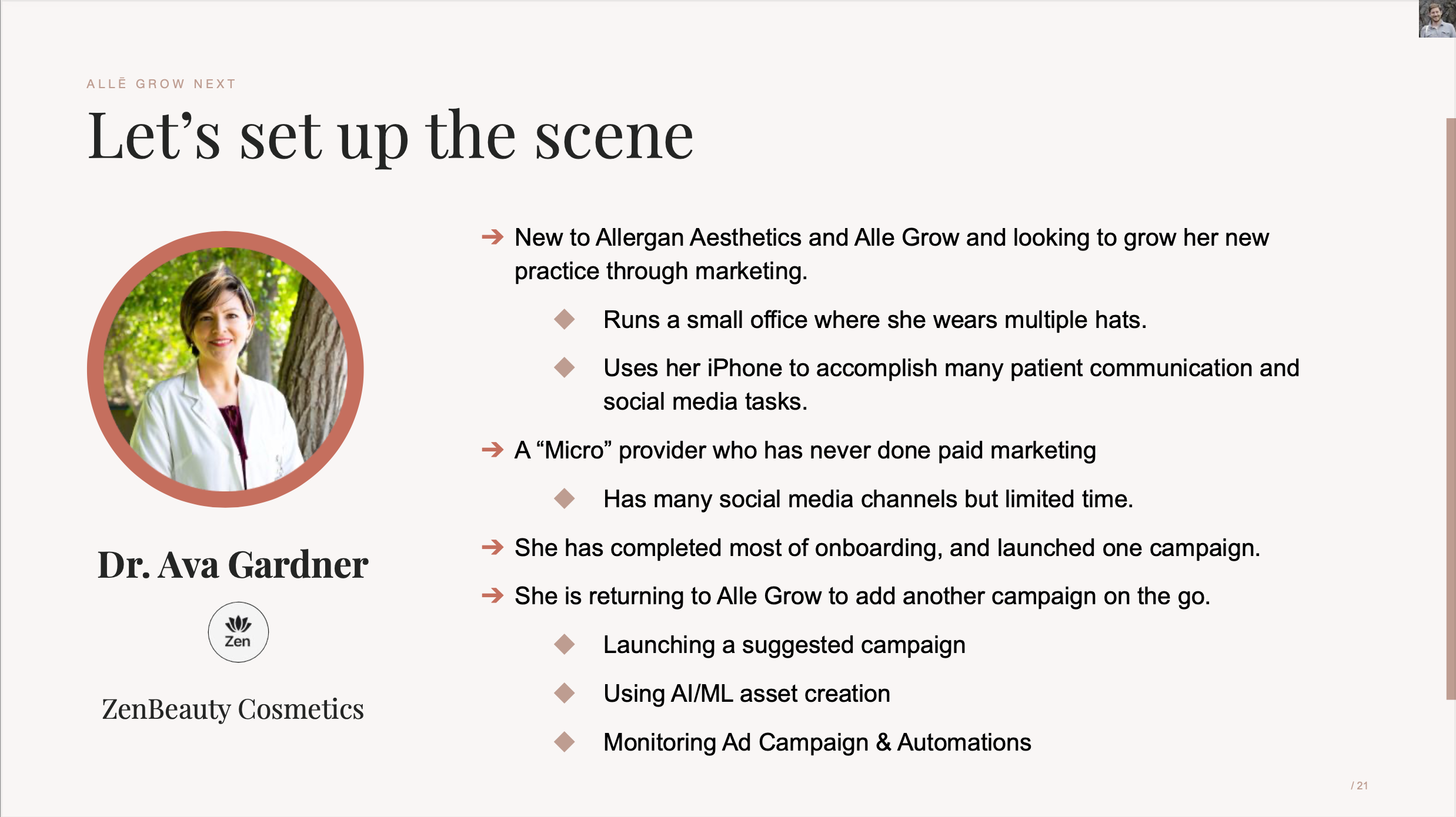 A UX narrative slide introducing Dr. Ava Gardner, a micro provider new to Allē Grow