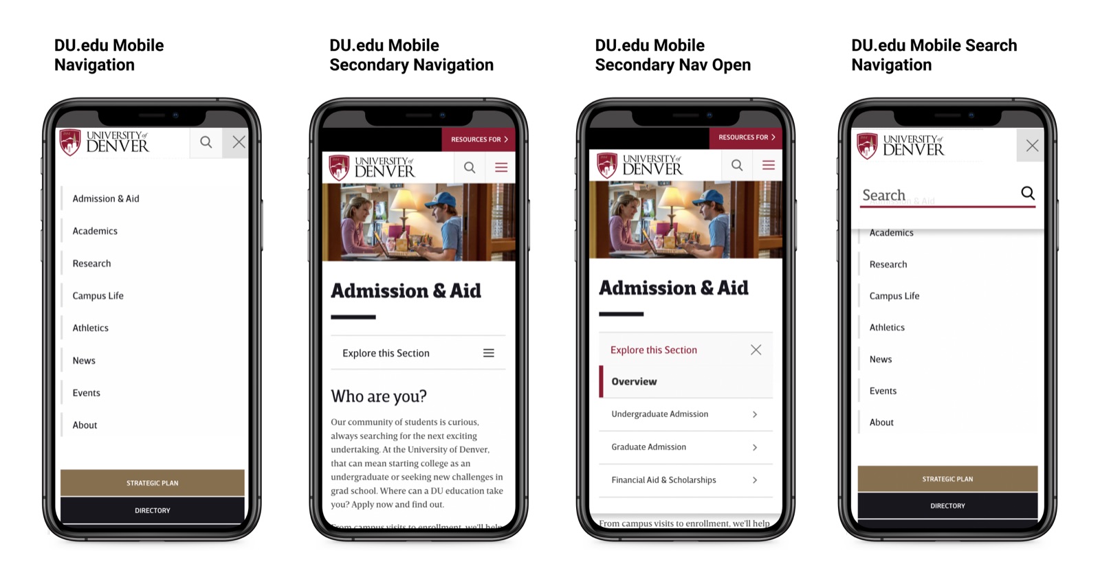Four phones showing the DU.edu mobile navigation