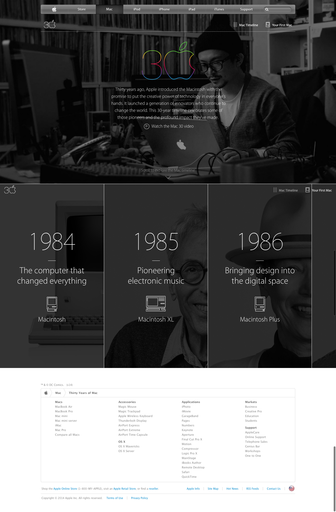 The full Thirty Years of Mac homepage, a long scrolling page of timeline, grid, and film