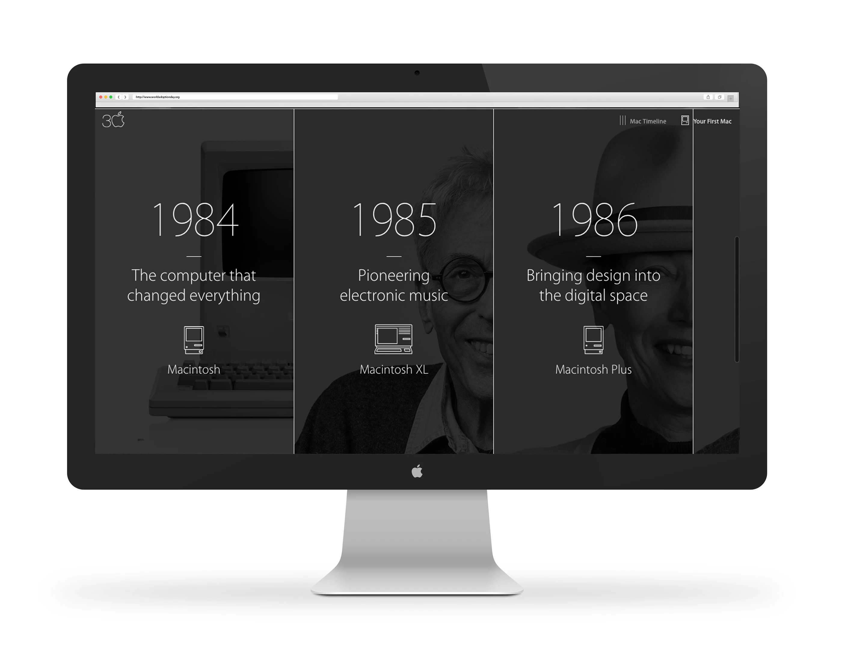 The final Mac 30 experience on a desktop display, showing the 1984, 1985, and 1986 timeline panels