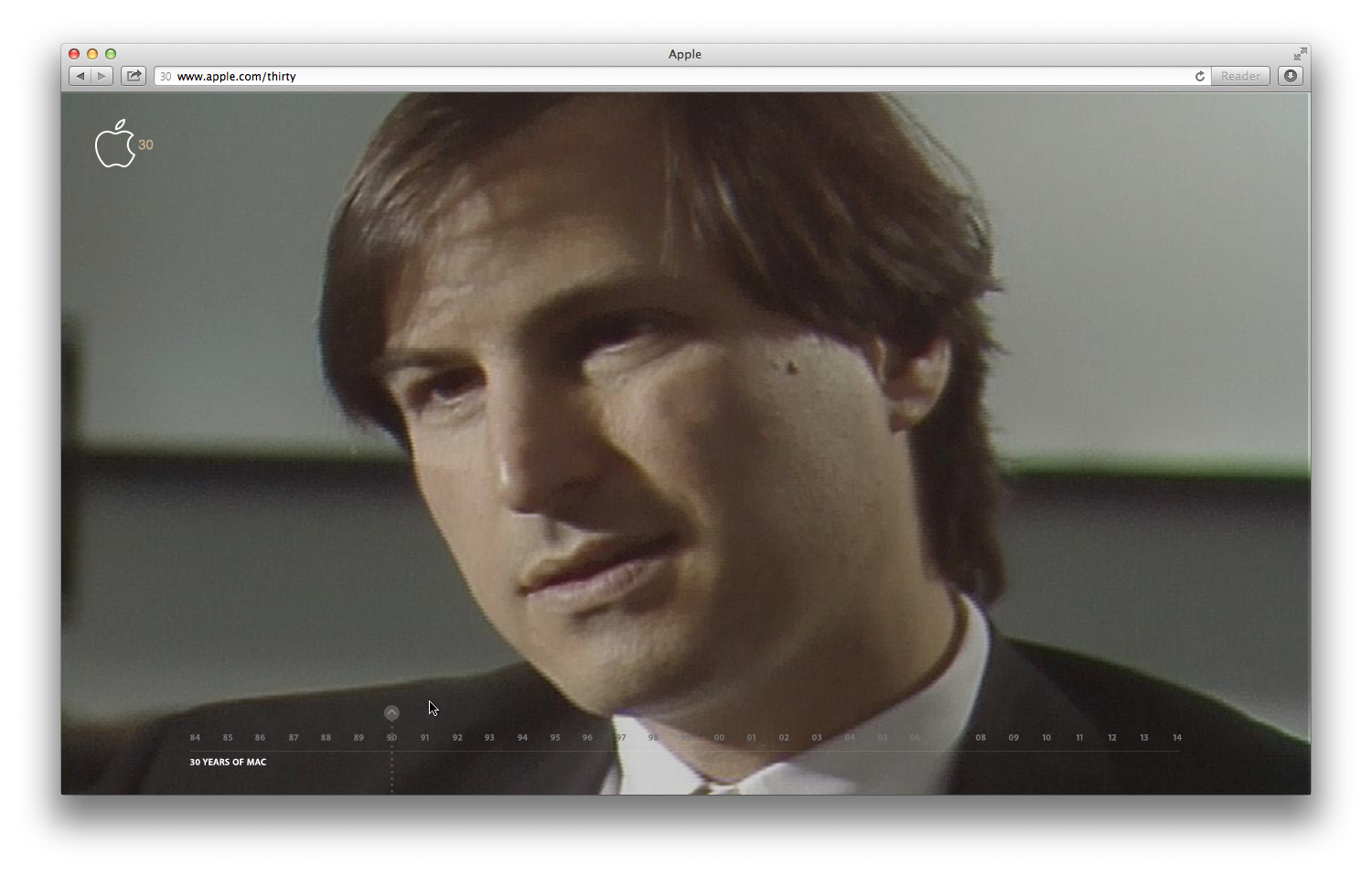 A still of Steve Jobs from the Mac anniversary film on the 30 Years of Creativity site