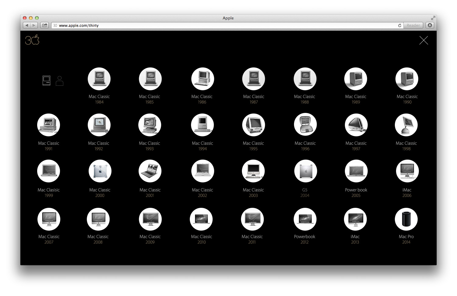 A black grid of circular icons, one for each Mac