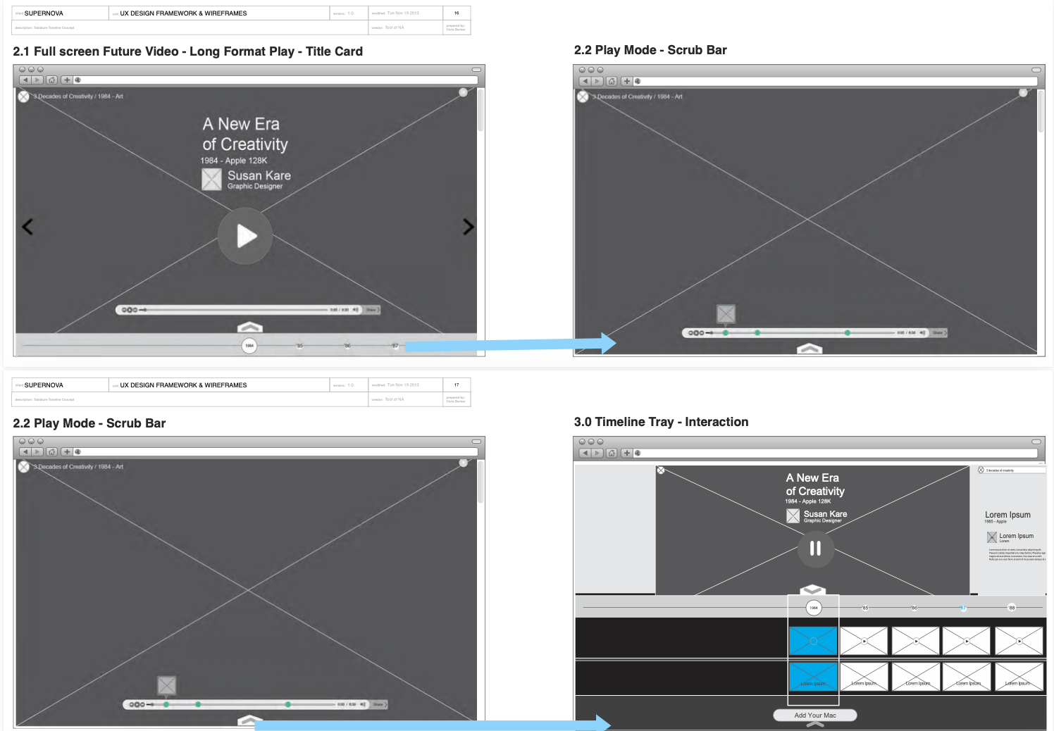Wireframes for the film and timeline interactions
