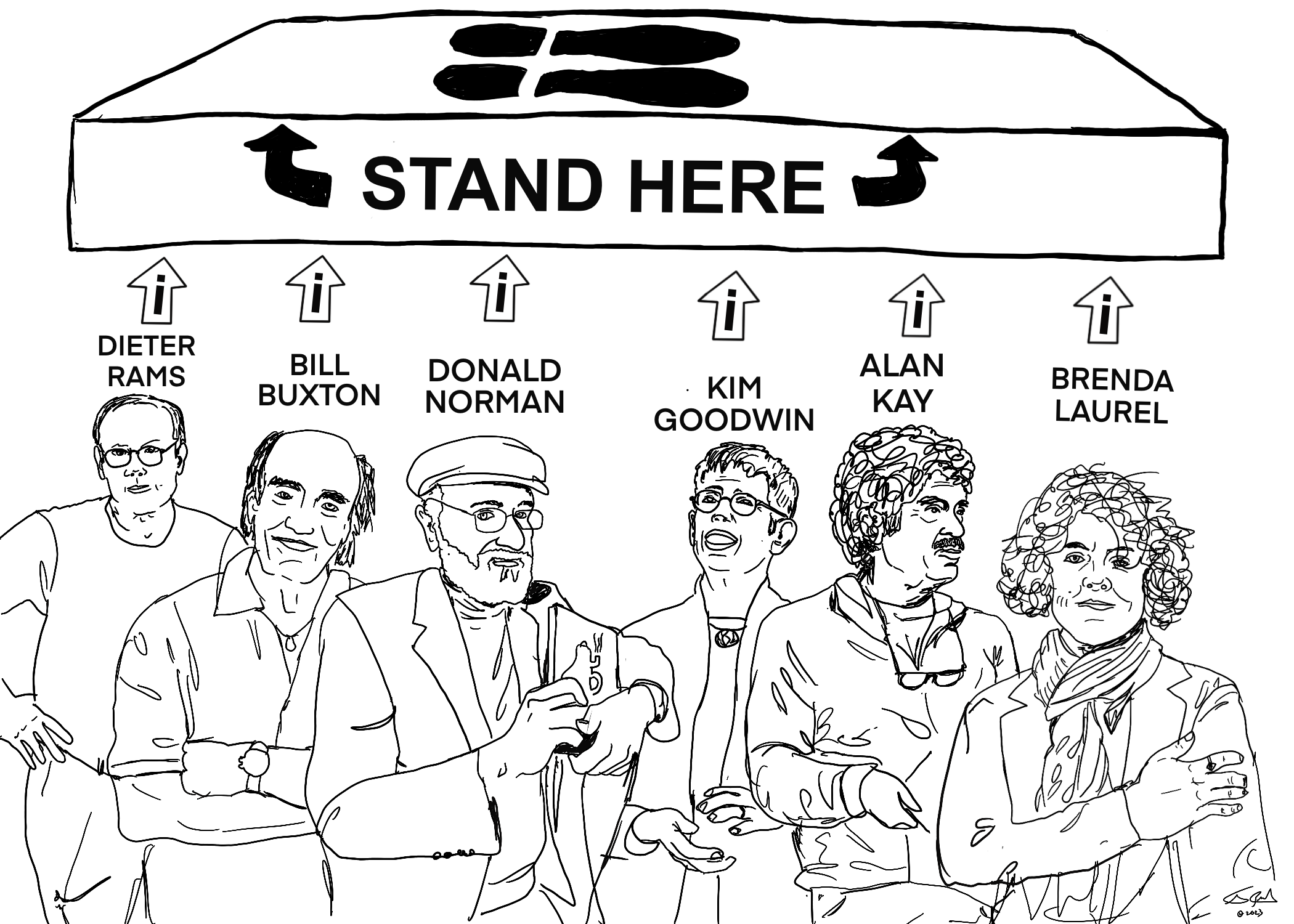 Illustration of the giants of UX: Dieter Rams, Bill Buxton, Donald Norman, Kim Goodwin, Alan Kay, Brenda Laurel