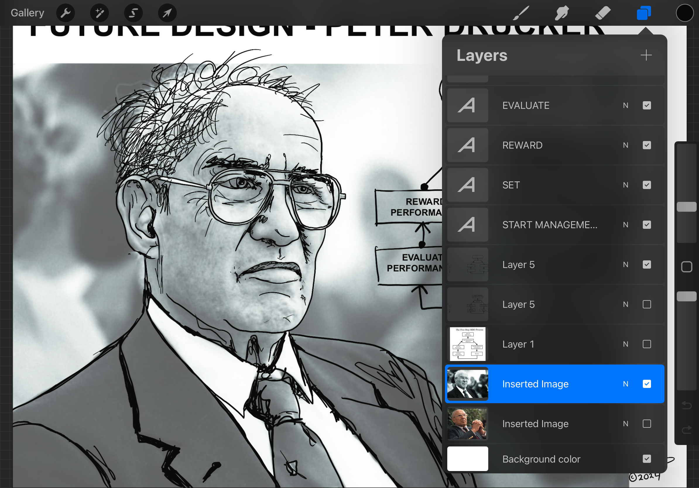 Procreate screenshot of layers when drawing peter drucker