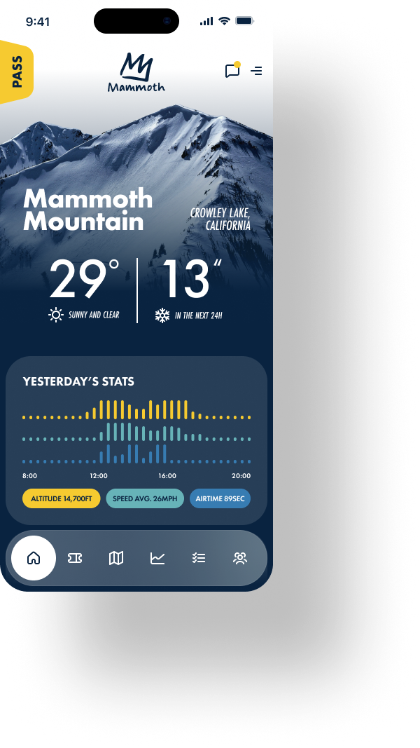 A phone showing the Mammoth Mountain screen of the app concept, with weather, snow stats, and a navigation bar
