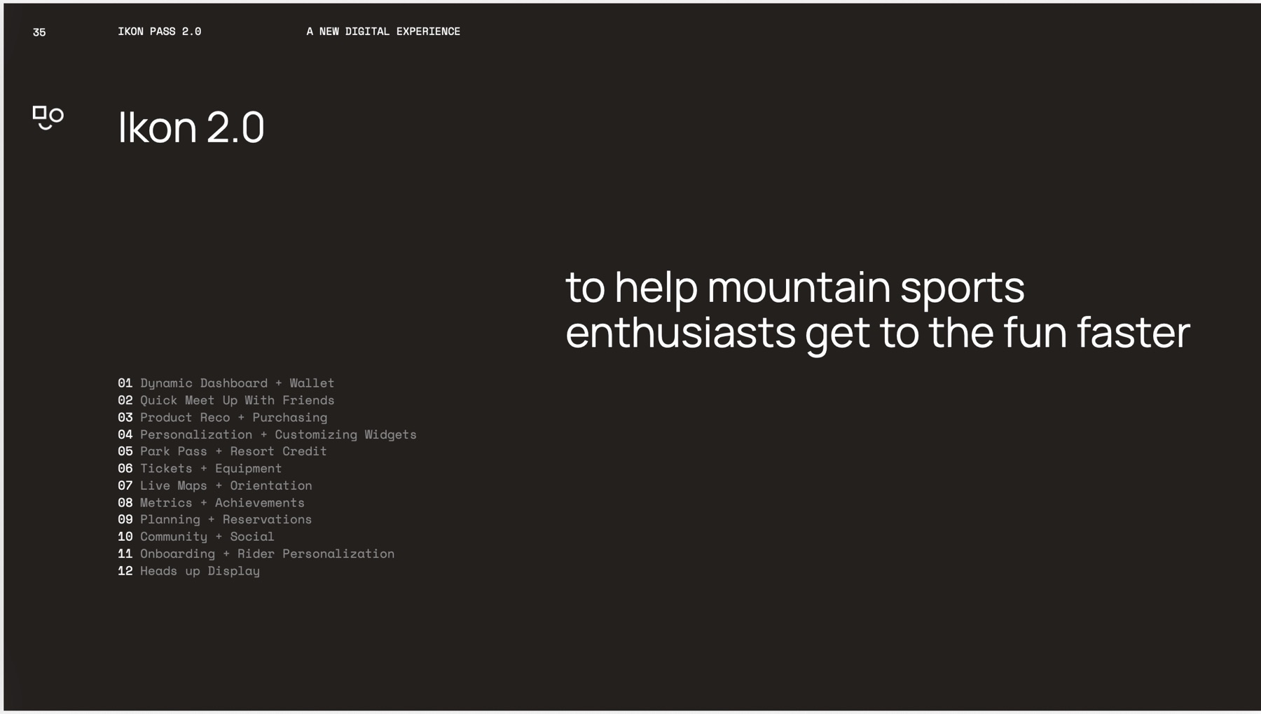 Slide 1: Ikon 2.0: a new digital experience to help mountain sports enthusiasts get to the fun faster.