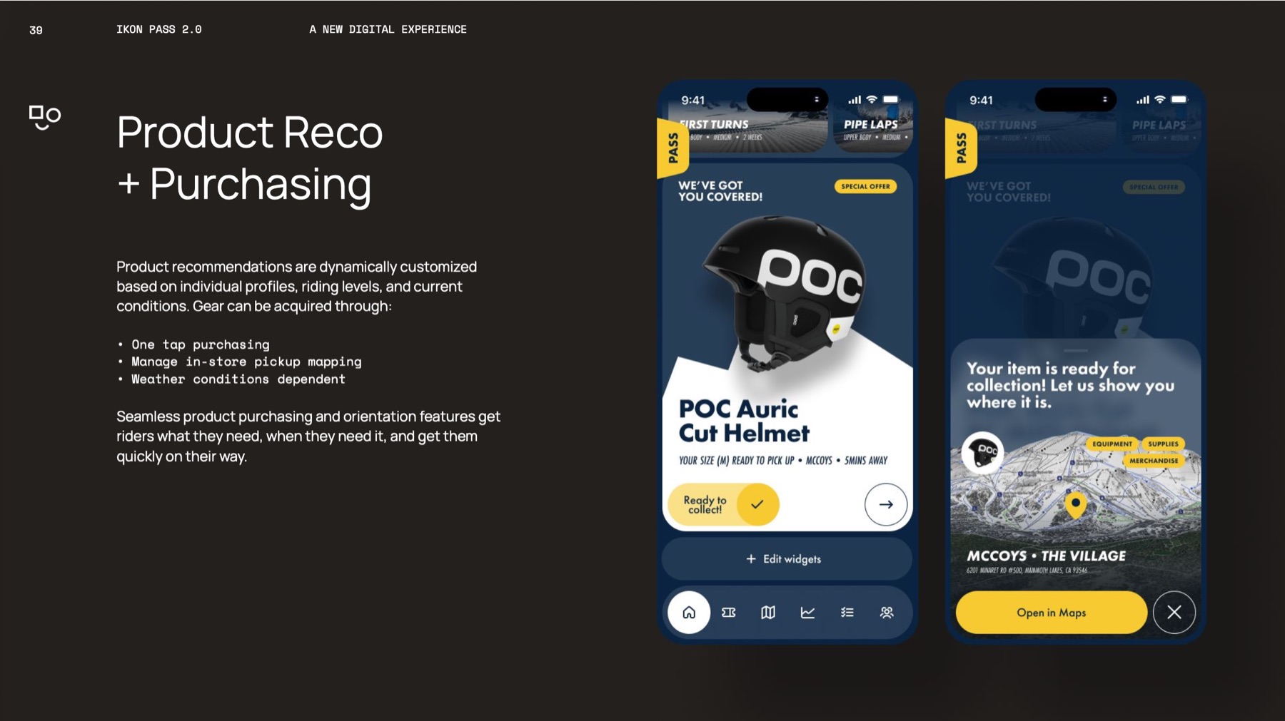 Slide 5: Product recommendations and purchasing: gear suggested from the rider's profile, with pickup and a map to the shop.