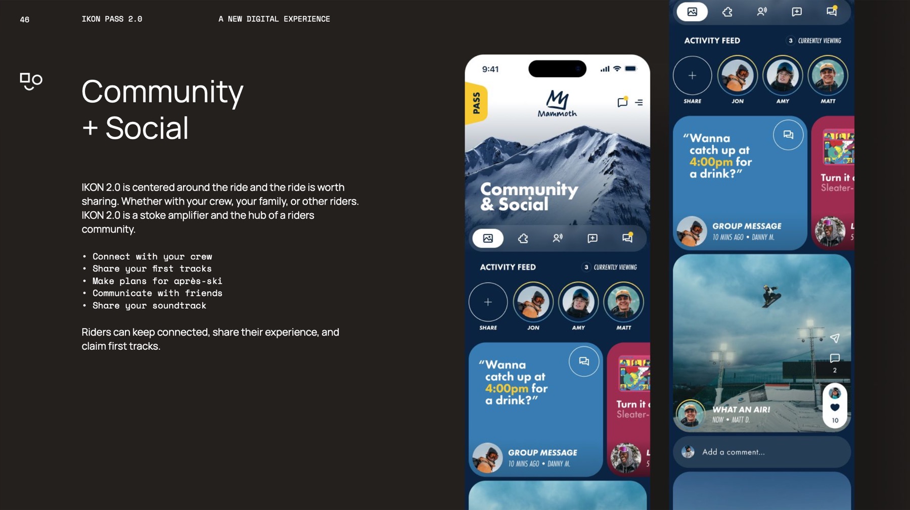 Slide 12: Community and social: share runs, group messages and the activity feed from the day.