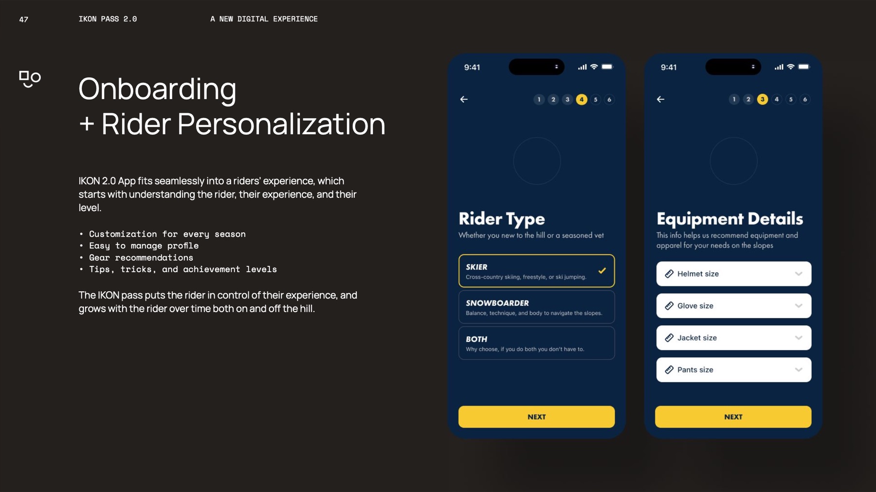 Slide 13: Onboarding and rider personalization: rider type and equipment details set up the experience.