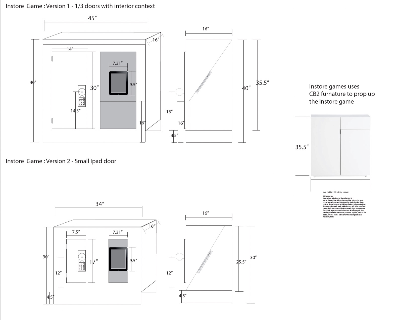 Technical drawings of two in-store game cabinets with a keypad door and an iPad