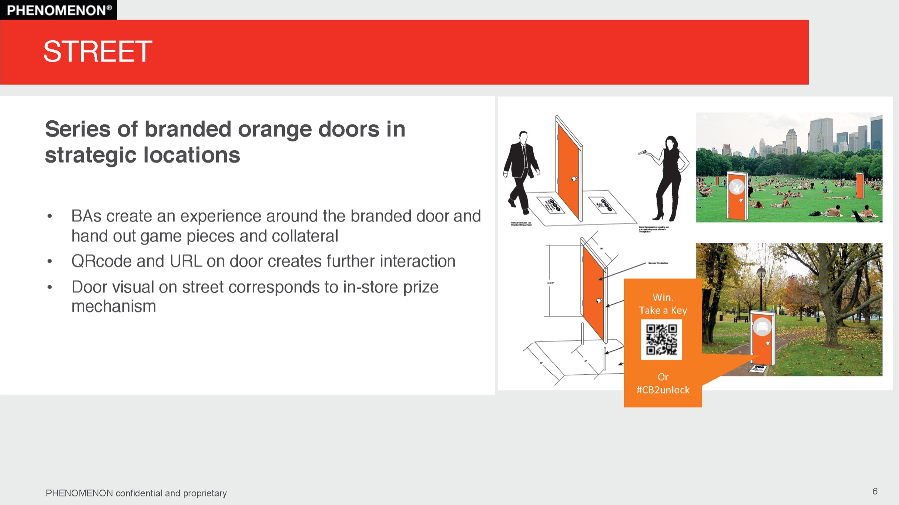 CB2 project plan slide 6: Street: orange doors placed in strategic locations around each city.
