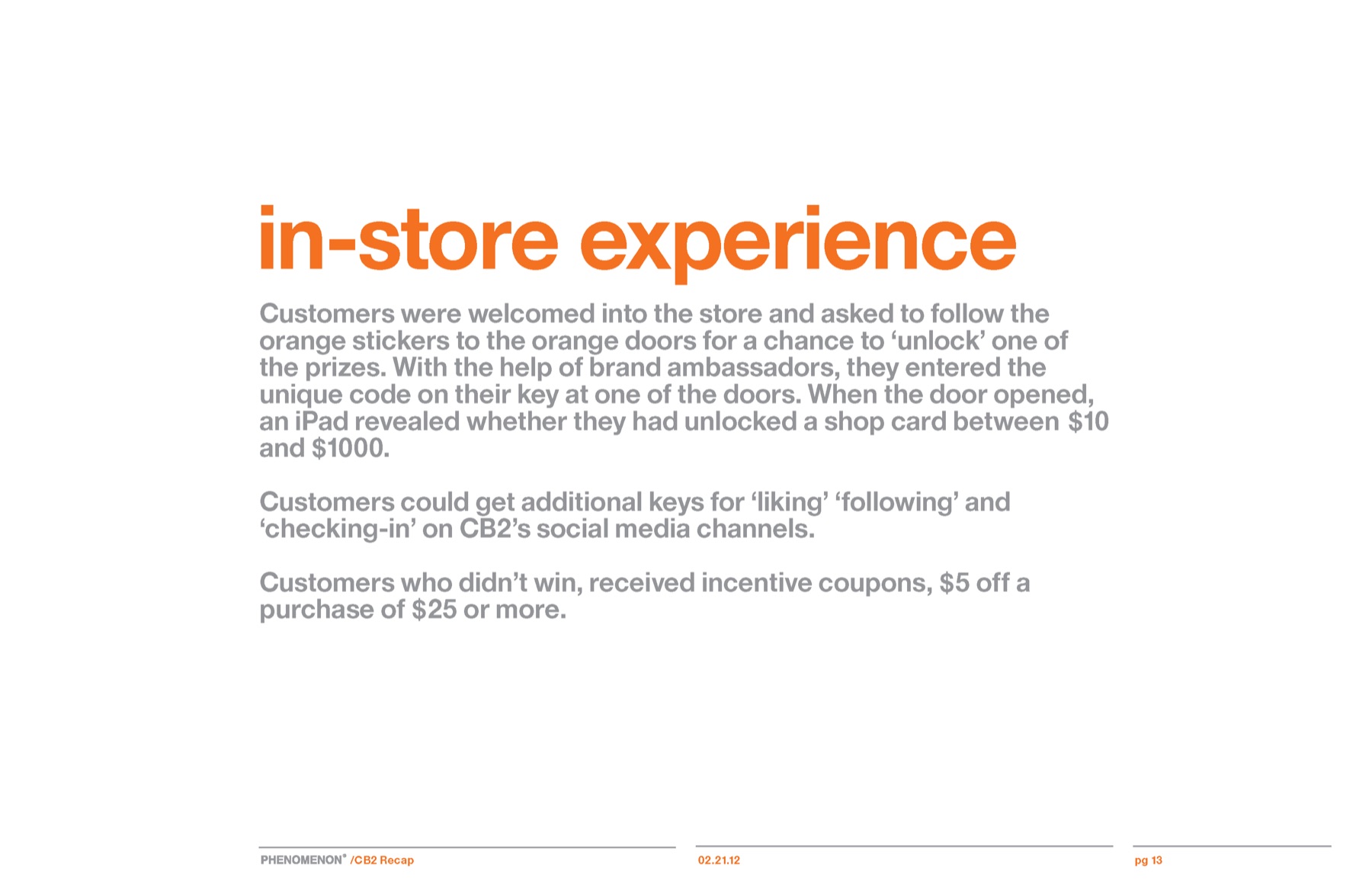 CB2 campaign results slide 11: In-store experience: customers unlock the door to win.