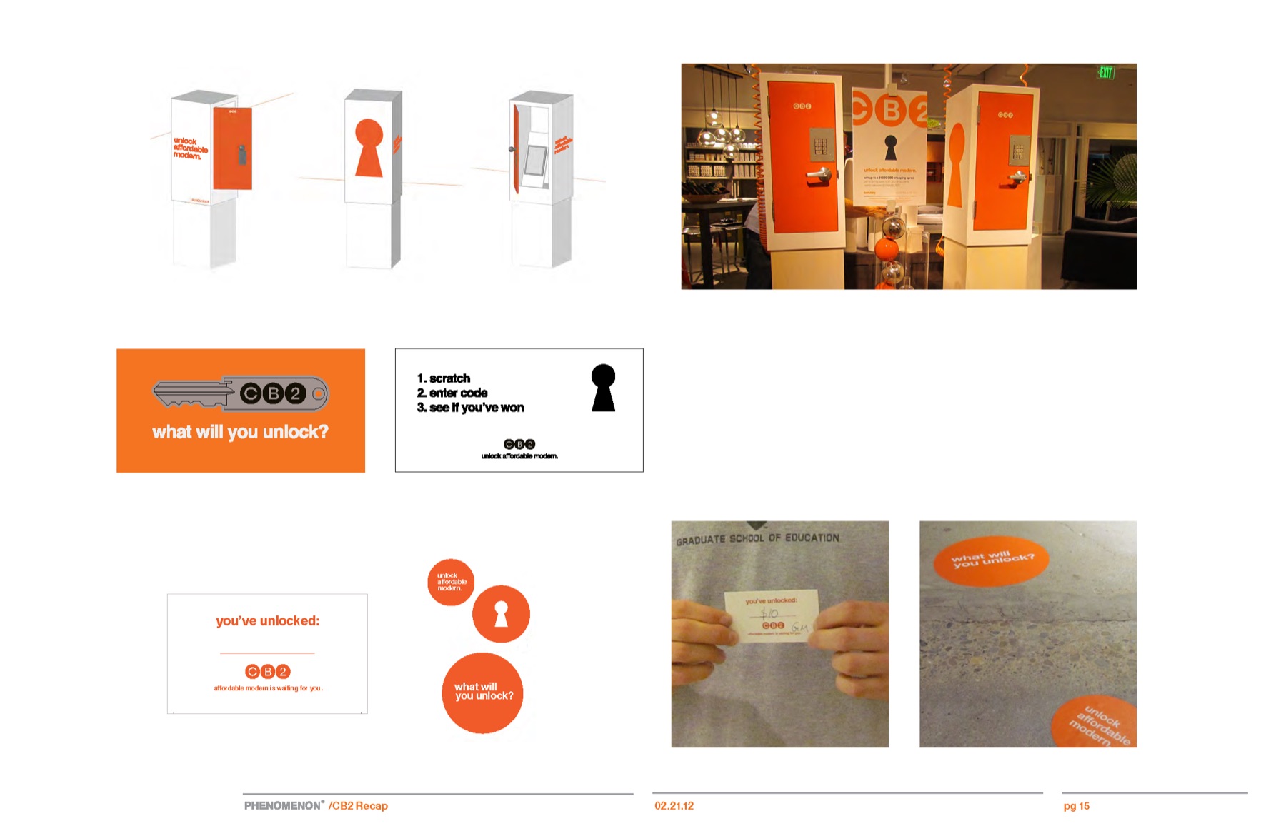 CB2 campaign results slide 13: Door, key, and in-store collateral.
