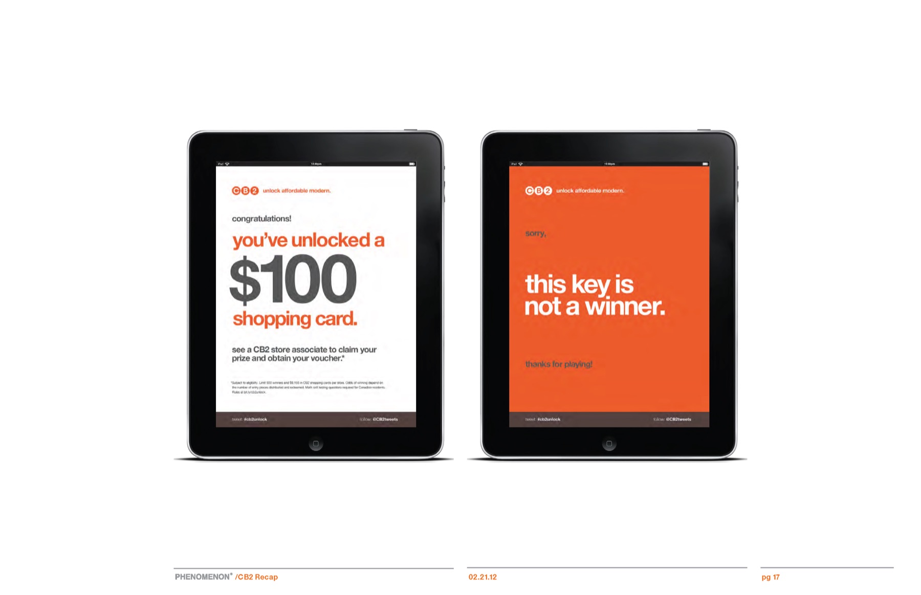 CB2 campaign results slide 15: Digital key and tablet game screens.