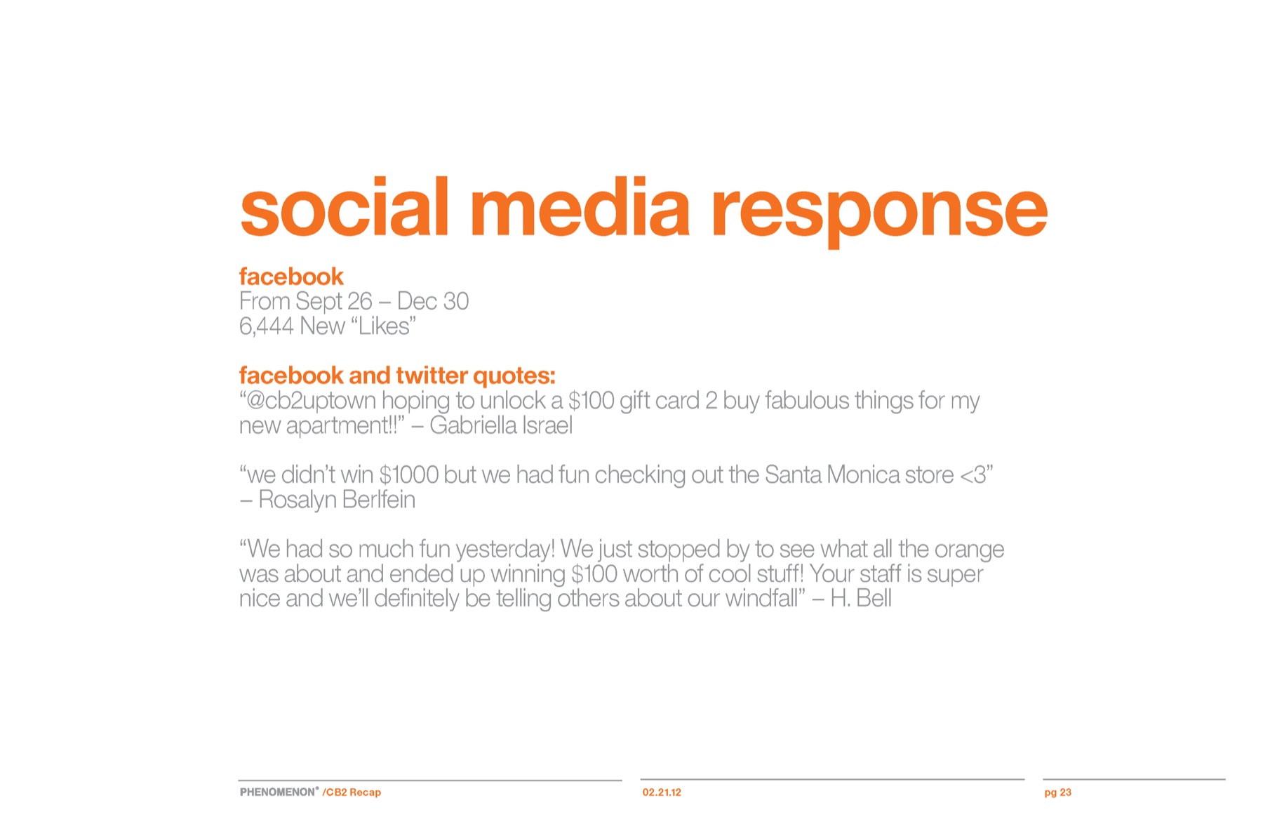 CB2 campaign results slide 21: Social media response.