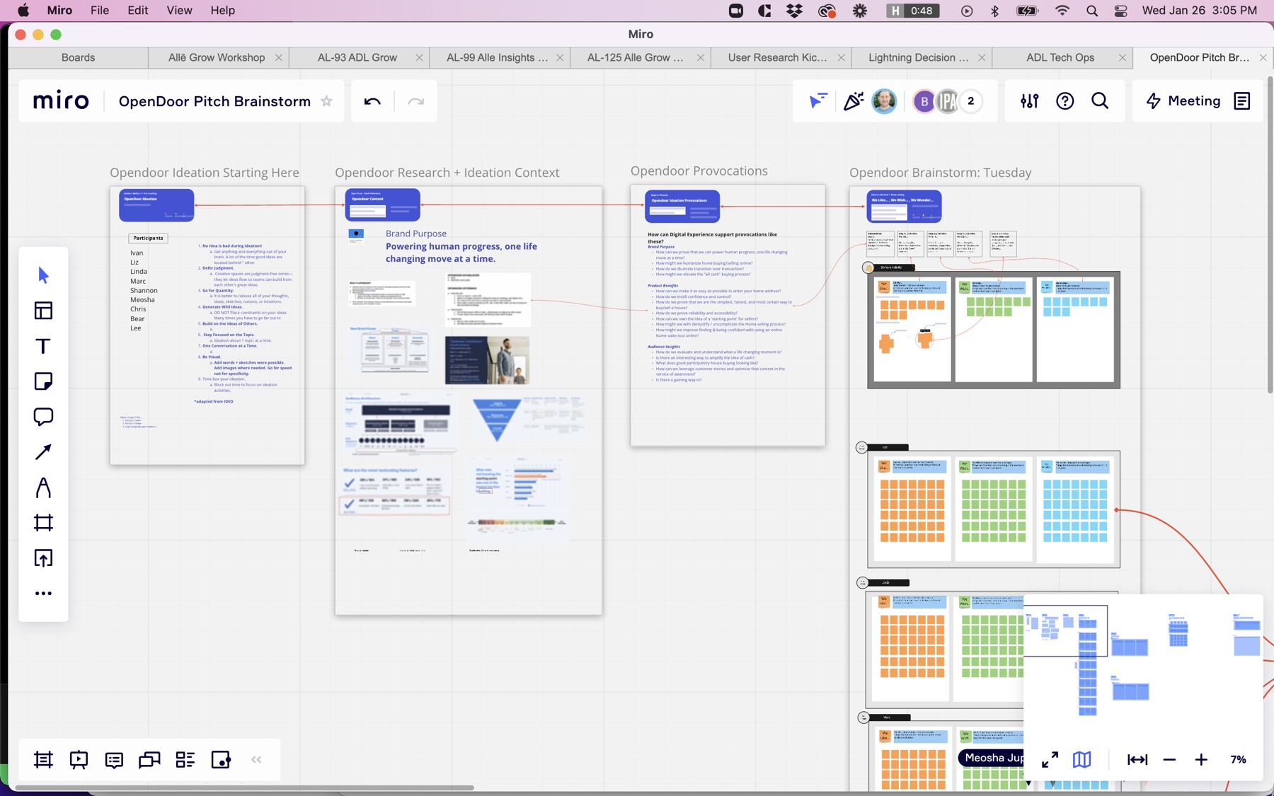 Miro board: The plan on one board: both sessions laid out in Miro, with instructions and sticky-note grids.