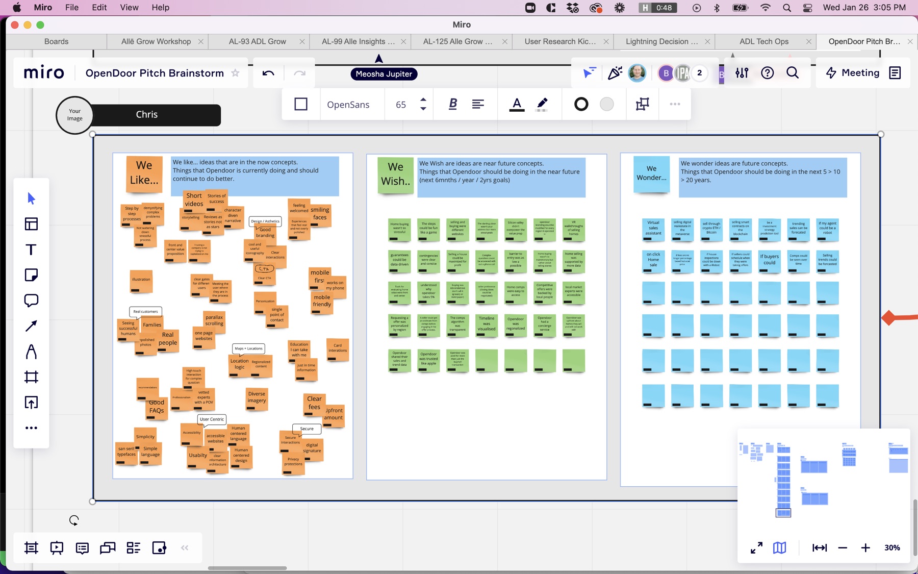 Miro board: Notes pile up: orange, green and blue sticky notes across the three prompts.