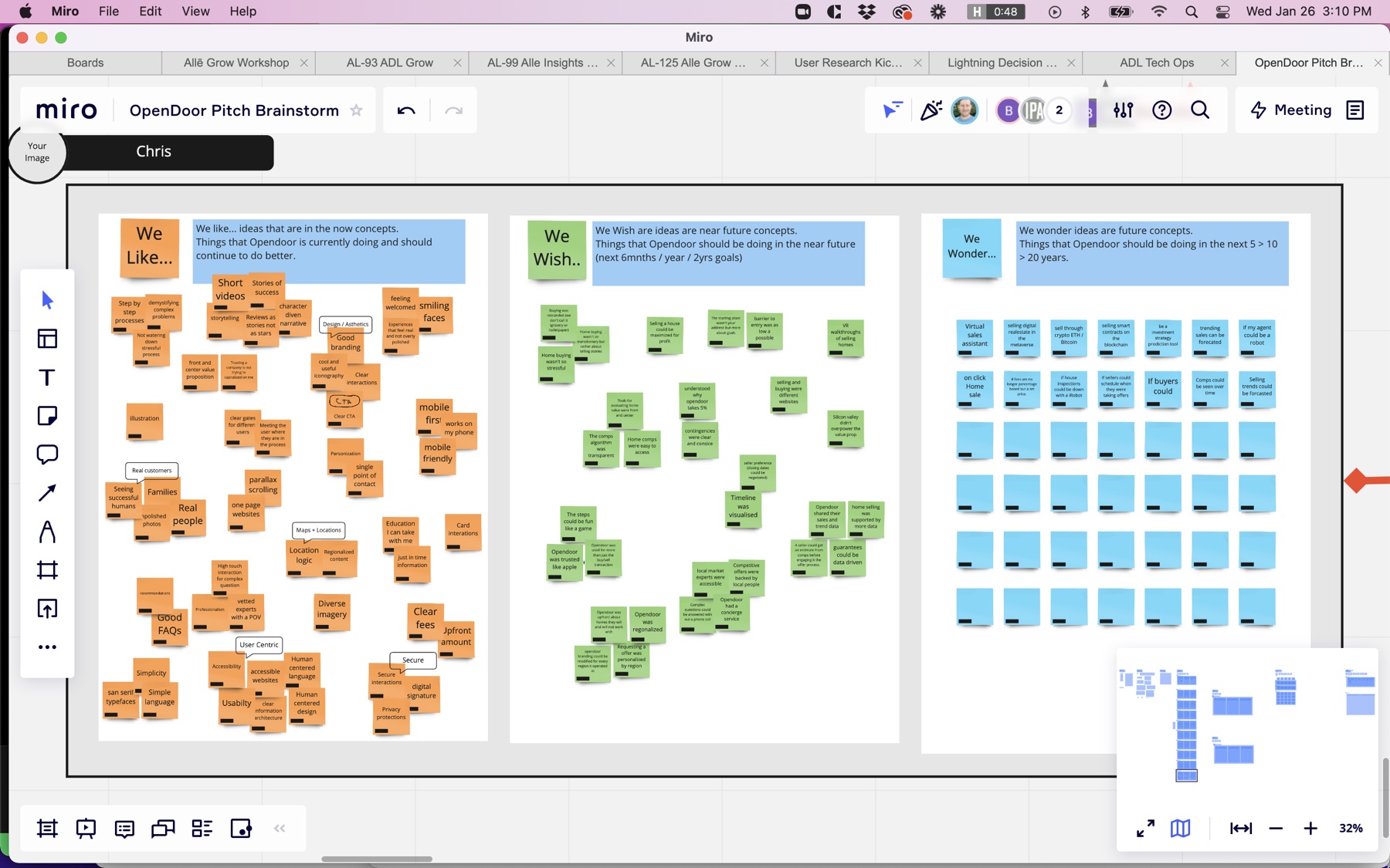 Miro board: Sorting: the notes regrouped into clusters.