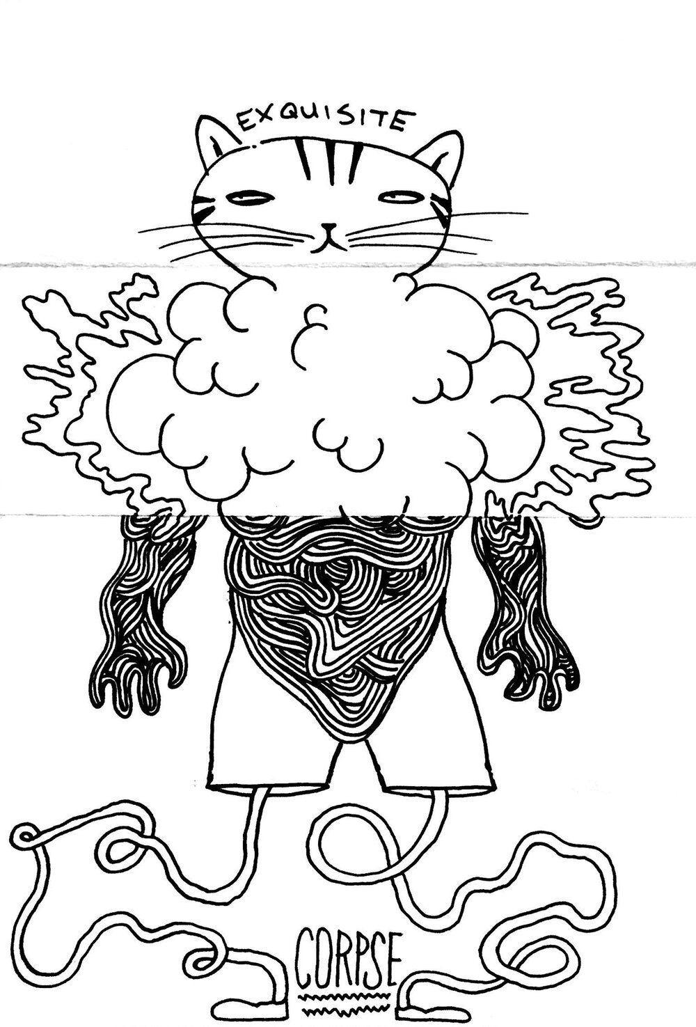 A black and white drawing of a cat head, a cloud torso and legs