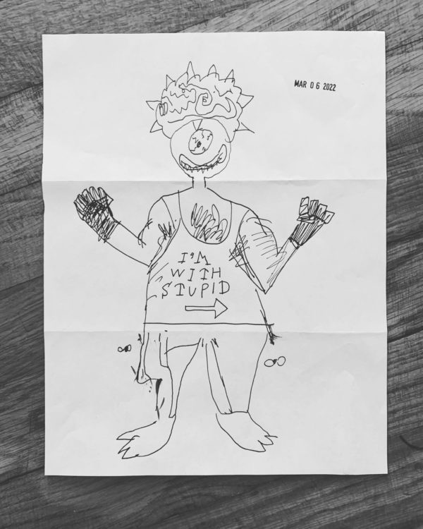 A hand-drawn creature made by passing a folded sheet of paper