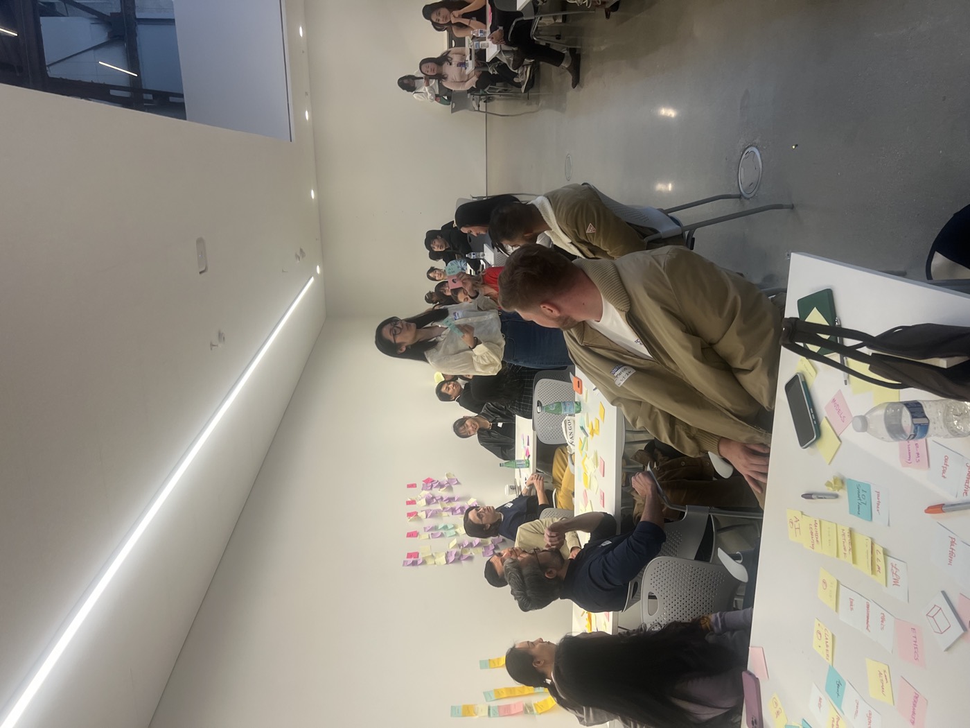 A large room of designers working at tables during the workshop