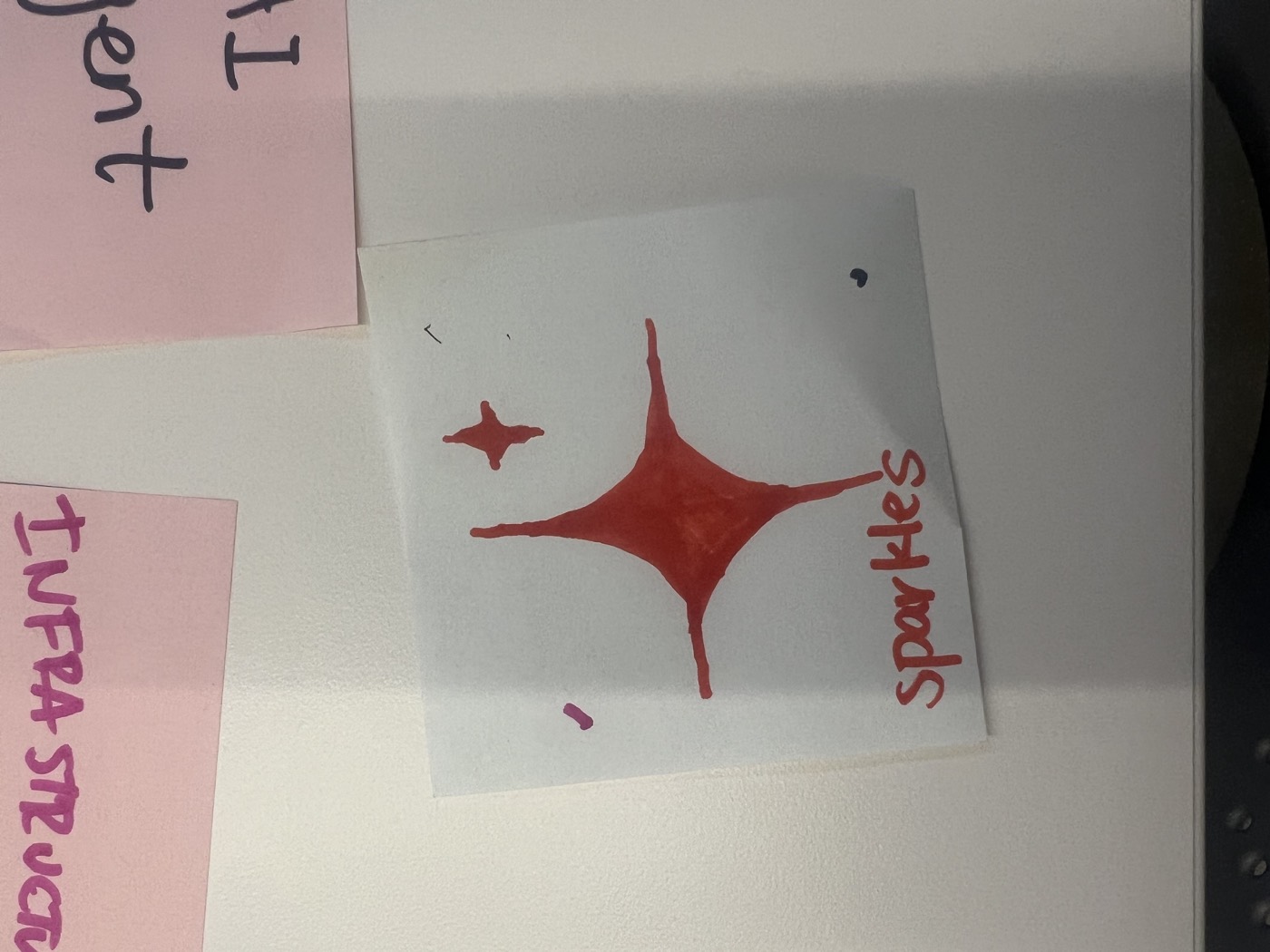 A hand-drawn red sparkle icon on paper labeled sparkles