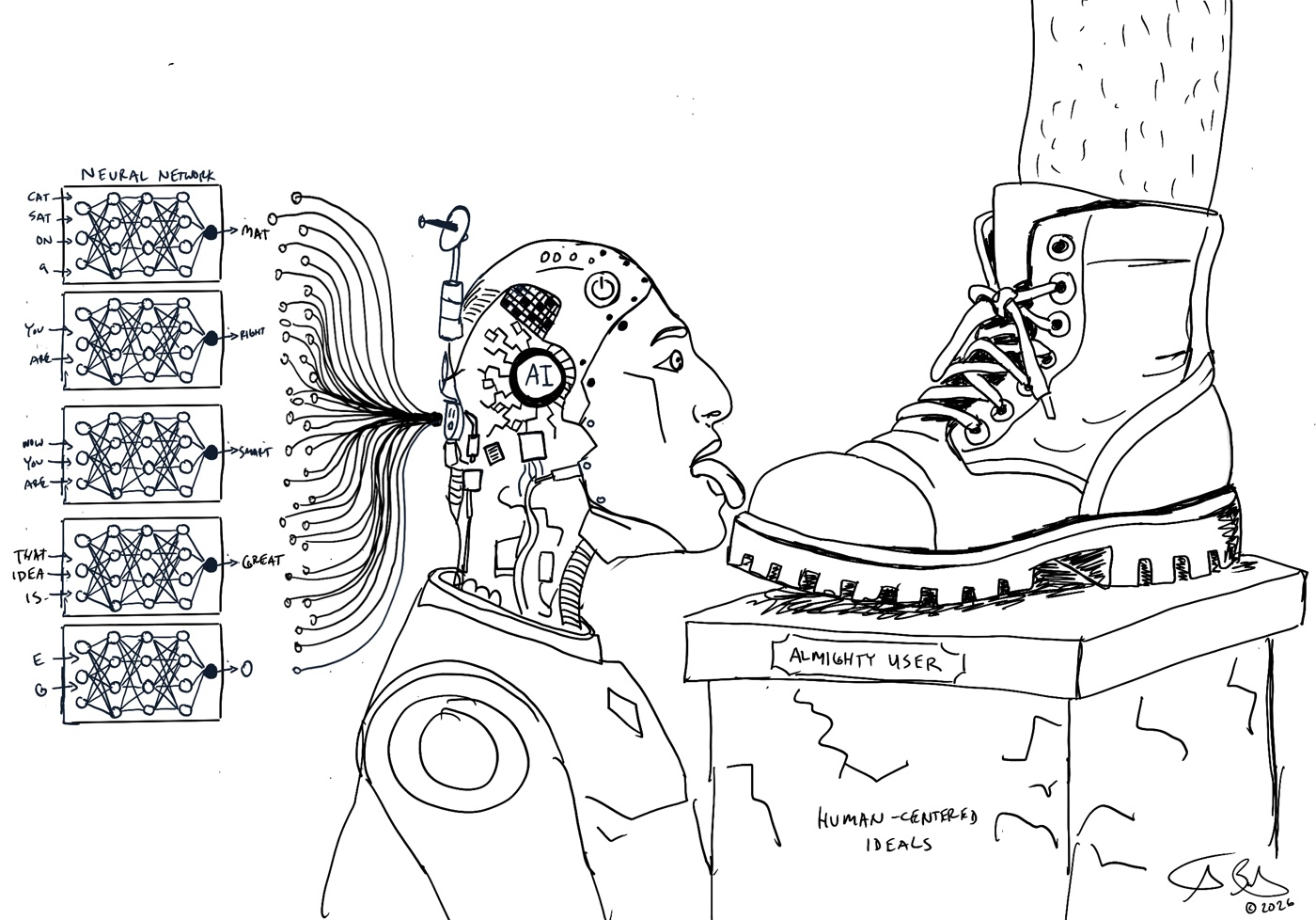 Pen sketch: Bootlicking AI